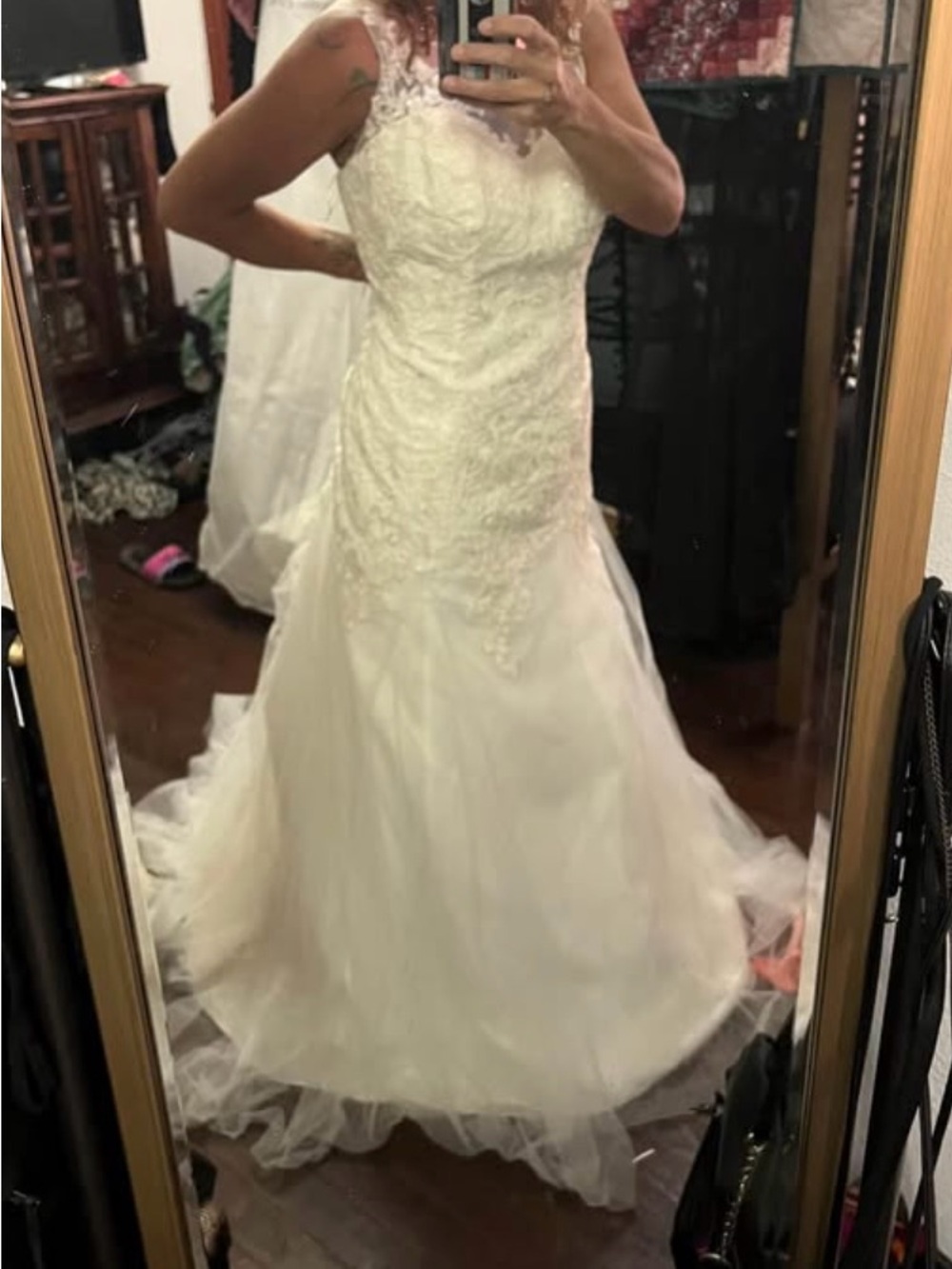 David's Bridal Ivory Satin and Lace Wedding Dress